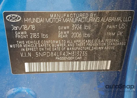 2018 Hyundai Elantra Sel z USA, uszkodzony, nr VIN 5NPD84LF4JH313235